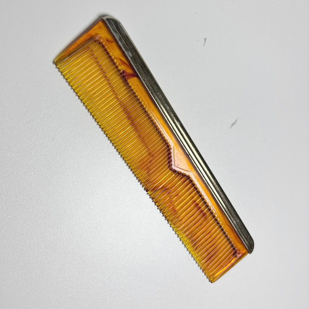 Vintage Faux‎ Tortoise Shell Pocket Comb Gold Tone Metal Trim Amber Brown 5 Inch